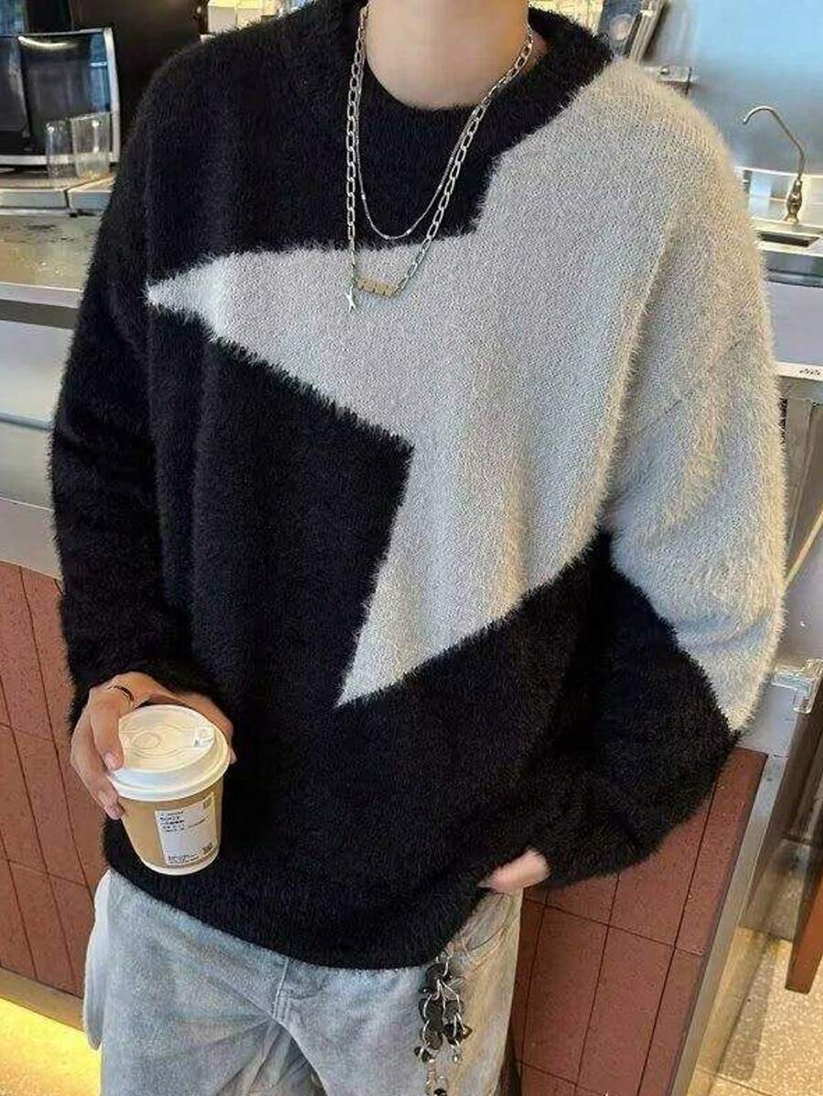 男士休闲宽松针织套头毛衣，五角星图案，圆领长袖，秋冬款 - 黑色 - 查看 1