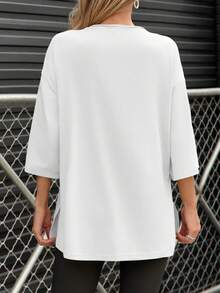 Fisoew Women's Oversized T Shirts Casual 3/4 Sleeve Side Slit Workout Gym Loose Fit Summer Tee Tunic Tops - Y2K Streetwear Basic Fashion Comfort Fit Plus Size - 白色 - 查看 4