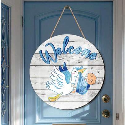 2 件 - 蓝色木制欢迎宝宝 - 悬挂式门牌，婴儿门标志性别揭示欢迎标志悬挂花环圆形乡村木制农舍装饰节日前门装饰，房间装饰和婴儿洗礼门廊派对用品的房间装饰，木制挂饰扁平悬挂木制悬挂式家居装饰悬挂标志门牌。（约 11.81 英寸）