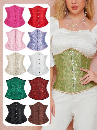 Plus Size Women Vintage Jacquard Waist Cincher Corset Top With Adjustable Back Tie, Halloween Costume