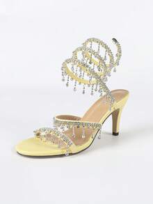 Giày cao gót đế xuồng cho nữ, thời trang tối giản, quai ngang đính đá Rhinestone, mũi tròn, phù hợp cho mùa hè và mùa thu - Màu vàng - Xem 7