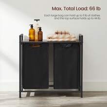 VASAGLE Laundry Hamper Organizer Laundry Basket Laundry Sorter With 2 Pull-Out And Removable Bags, Shelf, Metal Frame, 2 X 12.1 Gallons, 28.8 X 13 X 28.4 Inches, Ink Black And Rustic Brown - 黑色 - 查看 5