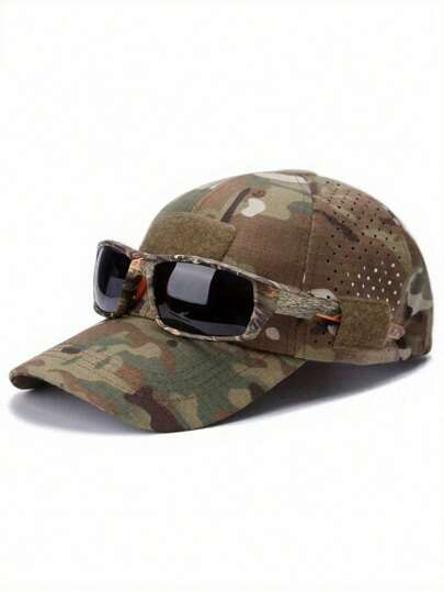 1 pezzo Cappellino da baseball mimetico militare - Cappello tattico traspirante con toppe a strappo e slot per occhiali Nuovo cappellino da baseball mimetico da uomo traspirante, cappello parasole per attività all'aperto, caccia, escursionismo, campeggio, spiaggia, pesca (il tessuto intero è tagliato, quindi il motivo stampato sul cappello è casuale)