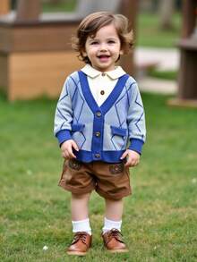 1pc Toddler Boys' Fashionable Lapel Diamond Grid Faux Pocket Long Sleeve Cardigan Sweater, Suitable For Everyday And Vacation, Spring/Autumn/Winter - Blue - View 7