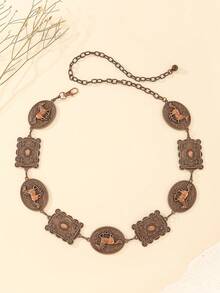 Cadena de cintura ovalada hueca plateada vintage, cinturón de cadena de metal geométrico y floral para la cintura, accesorio corporal ajustable con estampado en forma de V para vestidos estilo bohemio, aleación de zinc, apto para primavera, verano, otoño, invierno - Plateado - Ver 9