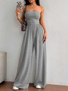 Swisz Women's Elegant Strapless Wide Leg Jumpsuit With Draping Formal Fashion - Grey - View 5