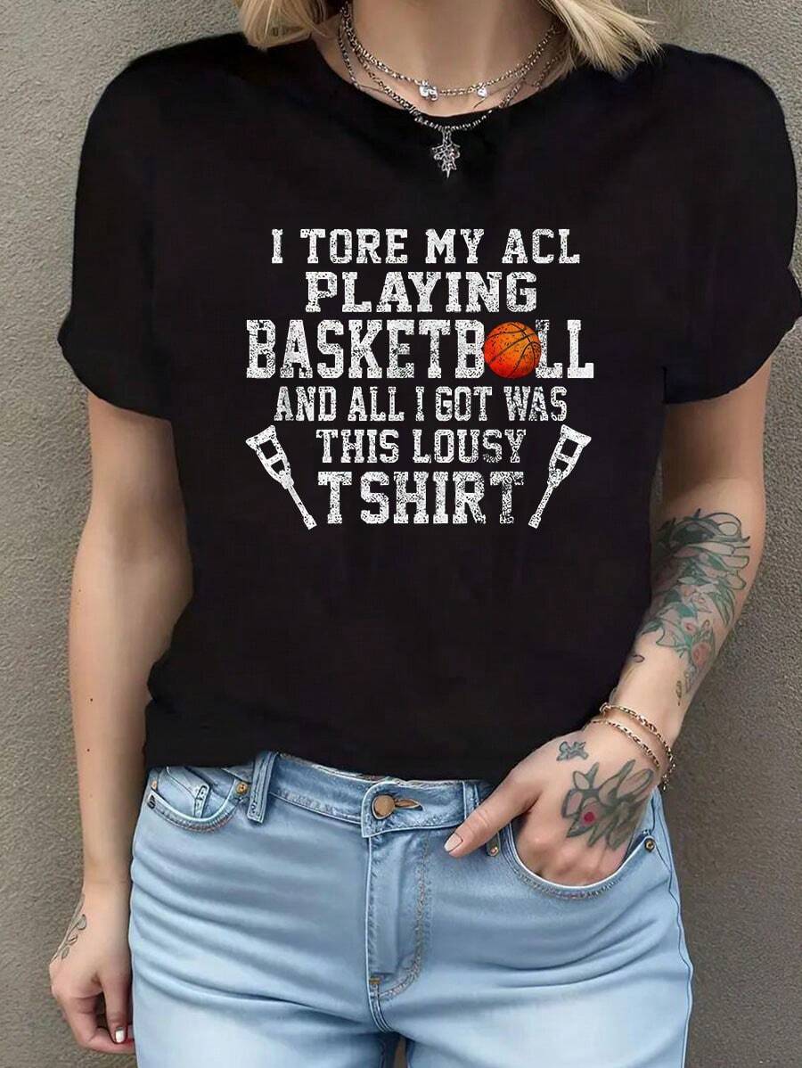 Camisetas divertidas con aspecto desgastado de baloncesto con ligamento cruzado anterior roto y cirugía de rodilla, camisetas casuales de moda para mujer, camisetas de cuello redondo a. Camiseta de manga corta de algodón de 220 g, impresión por una cara - Negro - Ver 1