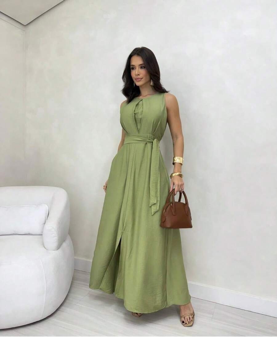 Long Dress Crew Neck Tank Top Belt Sash Slit Evangelical Fashion Pocket Party Wedding Graduation - 綠色 - 查看 1