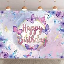 Purple Butterfly And Flower Sparkling Birthday Background - Polyester Photography Background For Spring Theme Celebration, Photo Pavilion Props And Room Decoration
