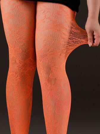 1pc Plus Size Jacquard Fishnet Stockings, Floral Hollow Out Leggings, Sexy & Fashionable, Suitable For Party, Home, Office, Halloween, Y2K Gothic Style, Back To School Tights