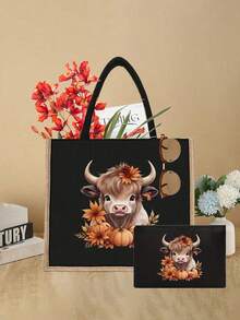 Bolso de mano de lino negro con estampado de vaca de las tierras altas, diseño de estilo campestre con patrón de vaca de las tierras altas, bolsa de cosméticos de gran capacidad con cuerda de mano, regalo de Navidad, monedero de lino negro, bolsa de compras negra, bolsa de cosméticos, con diseño de estampado de letras y patrones artísticos para mujer, de vuelta a la escuela, uso diario como bolsa de compras conveniente, regalo de agradecimiento para maestros, bolso de lona de gran capacidad para mujer, conjunto de bolso y estuche de maquillaje