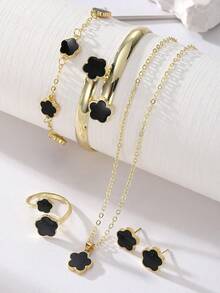 1 Set Alloy Flower Jewelry Set, 1 Necklace, 1 Pair Earrings, 2 Bracelets, 1 Ring, Suitable For Teenage Girls, Back To School Season - Multicolor - View 4