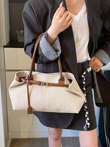 Dedoo 1pc FEISTURE Faux Suede Handbag, Large Capacity Solid Color Mature Elegant Ladies Tote Bag, Retro Style Work Bag, Suitable For Girls, Women, College Students, Office Workers - Brown - View 7