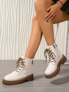 2025新款秋冬'女鞋'厚底大码学生鞋'时尚百搭休闲'女鞋'侧拉链'学生鞋'青少年中学生鞋'学生靴'休闲踝靴 - 白色 - 查看 3