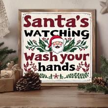 1 pezzo Cartello in stile fattoria "Babbo Natale ti guarda mentre ti lavi le mani", opera d'arte da parete in legno incorniciata, stile classico di fattoria, senza bisogno di elettricità, decorazione festiva polivalente, adatta per Natale, Ringraziamento, Capodanno, universale, quadrata