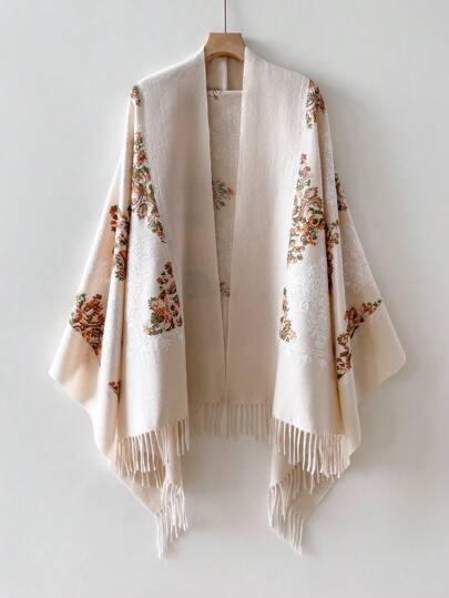 1 件女士秋冬仿羊绒刺绣围巾，厚实温暖流苏刺绣波西米亚风格旅行披肩斗篷围巾