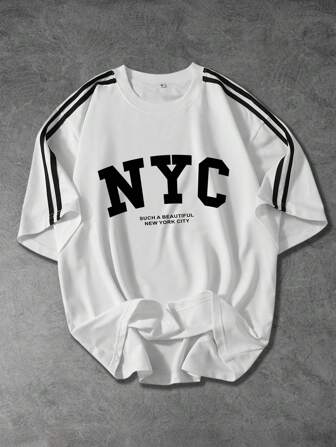 男士运动篮球风格黑色字母图案 T 恤，休闲短袖圆领纽约印花简约设计，适合学校、日常穿着、街头风格、男友礼物