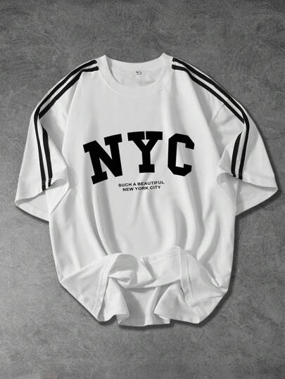 男士运动篮球风格黑色字母图案 T 恤，休闲短袖圆领纽约印花简约设计，适合学校、日常穿着、街头风格、男友礼物