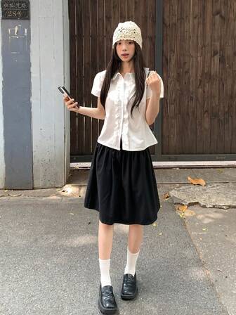 女式短袖纯色荷叶边领衬衫