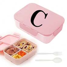 Caja de almuerzo de plástico con 3 compartimentos y patrón de 26 letras, de gran capacidad, apta para microondas, contenedor de almacenamiento de alimentos, caja bento portátil con cuchara y tenedor, adecuada para picnic, oficina, aperitivos - Rosa - Ver 17