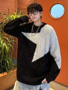 男士休闲宽松针织套头毛衣，五角星图案，圆领长袖，秋冬款 - 黑色 - 查看 3