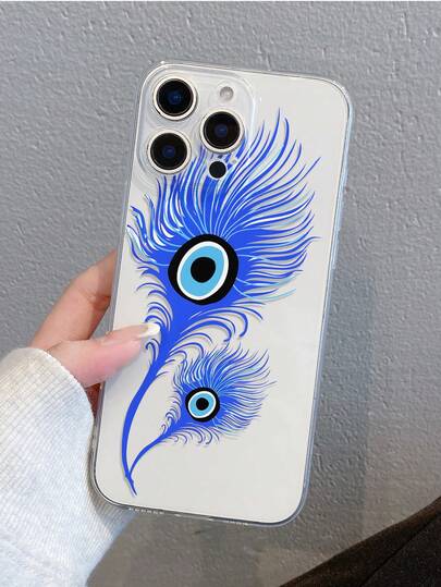 1 pieza Funda de teléfono transparente de TPU a prueba de golpes y antihuellas con diseño creativo de ojo azul de diablo y plumas, compatible con iPhone XS/XS Max/XR/11/12/13/14/14 Plus/15/15 Plus/16/16 Plus/7/8 Plus y otros modelos