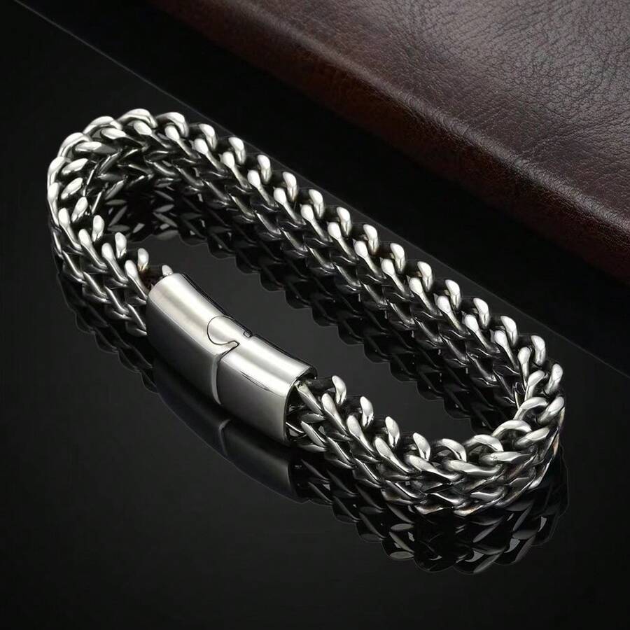 1pc Retro Thick Chain Neutral Design Keel Stainless Steel Woven Mesh Men's High-End Dracelet, Suitable For Hip-Hop Luxury Streamlined Men's Bracelet, Multifunctional Bracelet, Suitable For Daily Wear And Men's Valentine's Day Gift - 銀色 - 查看 1