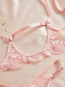 女士镂空刺绣性感内衣套装 - 粉色 - 查看 3