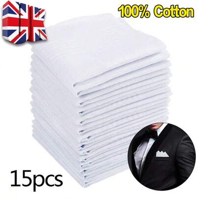15PCS Mens Large White Square Handkerchief 100% Soft Cotton Hankies Hankerchiefs