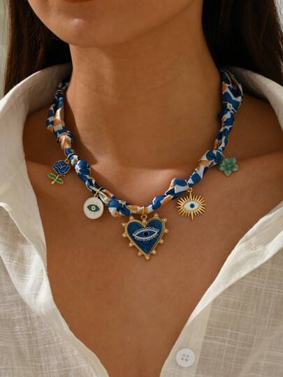 1pc Flower Eye Element Deco Vacation Scarf Necklace, Blue Women Necklace, Gift For Mom, For Her
