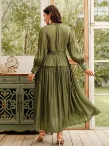 Anewsta Vestido de Manga Longa Plus Size Feminino com Cintura Franzida, Gola Alta, Design de Manga Bufante, Vestido de Gala - Verde Oliva - Visão 3