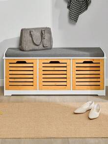 SoBuy FSR23 Modern Shoe Chest With Baskets (Grey) Bench Shoe Cabinet With Seat Cushion Toy Chest White With Grey - 白色+卡其色 - 查看 1