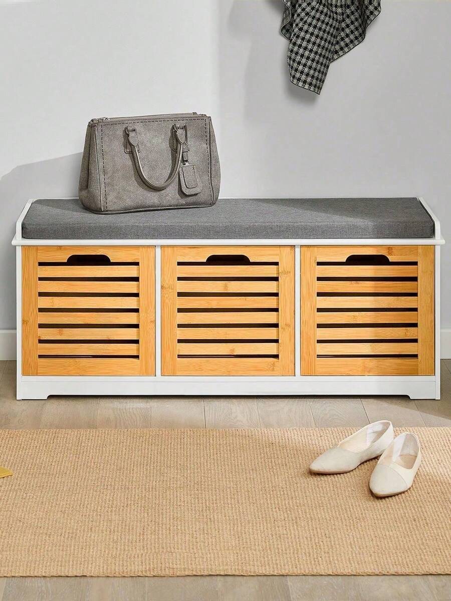 SoBuy FSR23 Modern Shoe Chest With Baskets (Grey) Bench Shoe Cabinet With Seat Cushion Toy Chest White With Grey - 白色+卡其色 - 查看 1
