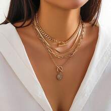 In Stock Instant Delivery Gold Layered Stack Necklace Set Women, Retro Thick Cuban Chain Coin Medallion Pendant Necklace, Paperclip Chain Heart Clasp Choker Jewelry WFZK - 黑色 - 查看 5