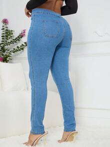女士纯色修身牛仔裤，带口袋，休闲春季款 - 中等水洗藍 - 查看 8
