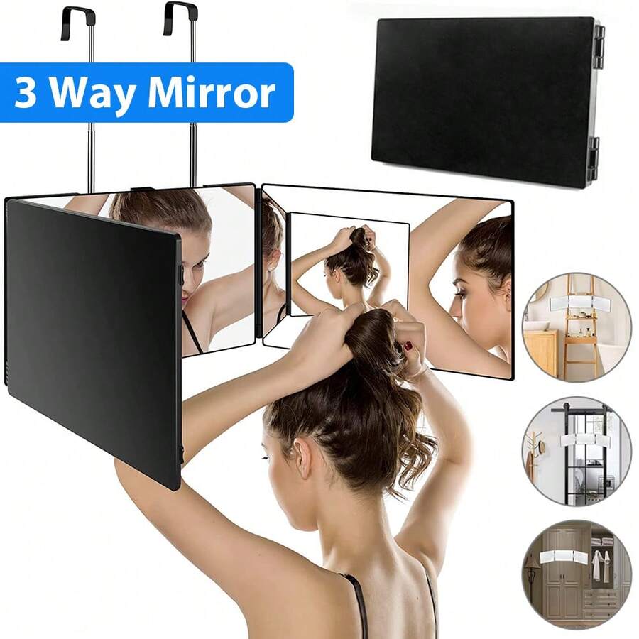 3 Way Mirror For Hair Cutting,360 Trifold Mirror With Height Adjustable Telescoping Hooks,And 5X Magnification,For Makeup, Hair Styling - Trắng-Không có đèn LED - Xem 1