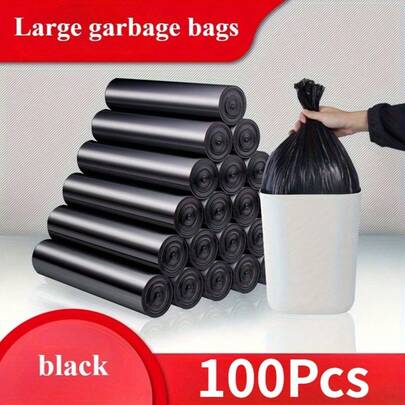 100 piezas Bolsas de basura negras desechables grandes - Bolsas de basura de plástico PE a prueba de fugas y olores, adecuadas para cocina, sala de estar, dormitorio, baño, oficina - Diseño duradero y multifuncional, capacidad de 10 kg, diseño de moda