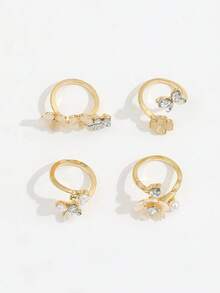 Bộ 4 nhẫn hoa bướm đính ngọc trai giả và đá quý giả, nhẫn xếp chồng 5 cánh hoa dành cho nữ - Vàng - Xem 4