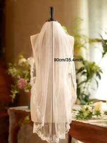 1件浪漫蕾丝贴花镶边闪亮新娘头纱，单层，带梳子，指尖长度短款头纱，婚礼配饰，情人节配饰 - 彩色 - 查看 7