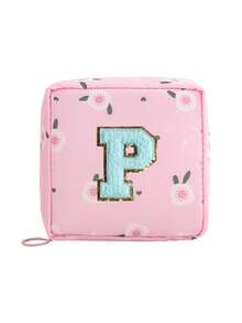 1pc Pink A-Z Embroidered Sanitary Pad Pouch - Large Capacity, Waterproof, Cartoon Pattern - Essential For Women's Periods! Waterproof Cosmetic Bag, Coin Purse - Multicolor - View 19
