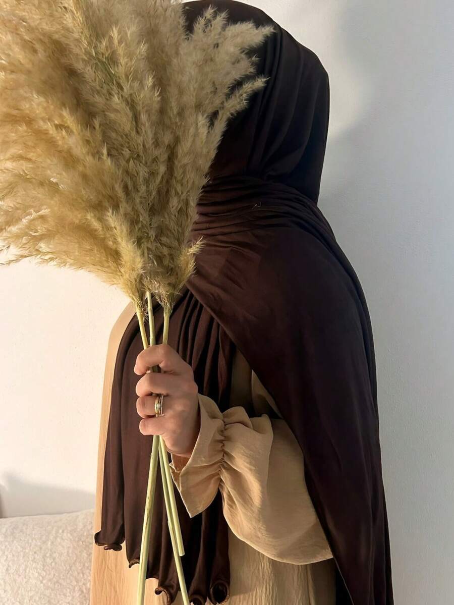 1 pieza Pañuelo de mujer casual de unicolor, suave de modal con ribete de volantes, pañuelo conservador liso adecuado para uso diario con vestido - Café integral - Ver 1