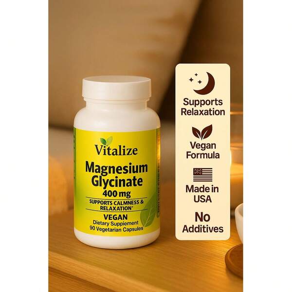 90 Cápsulas de Glicinato de Magnesio | Vitalizar | 400 Mg | Apoyo para la calma y la relajación | Suplemento vegetariano