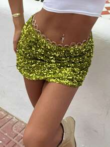 A Sequin Mini Skirt For Women Pleated Low Waist Slim Fit Bodycon Skirt Summer Party Skirts Going Out Skirts - 綠色 - 查看 8