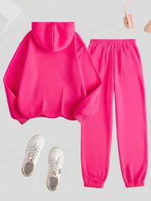 Plus Size Women's Casual Versatile Rose Red Hooded Sweatshirt And Thermal Lined Sweatpants Set, With A Hope Rose Pattern Printed On The Chest. A Two Pieces Set Featuring A Versatile Basic Style Suitable For Autumn And Winter.