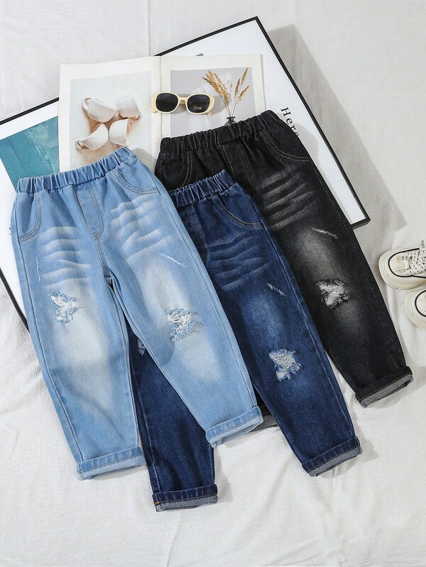 3pcs/Set Distressed Multi-Color Washed Denim Pants, Elastic Waist Casual Trousers For Little Boys, Spring/Autumn