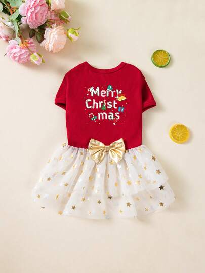 Christmas Pet Dog Short Sleeve Tulle Dress, Star Print Bow Fleece Warm Soft Everyday Outfit For Small Dogs