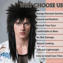 Peluca de disco oscilante, peluca negra de hombro de estilo punk de los años 70 y 80 para fiestas, peluca sintética larga y media con brillo, con capas, esponjosa y recta con flequillo para mujeres y hombres, disfraz de peluca mullet para fiestas, bailes, escuela, carnaval, conciertos, convenciones, citas diarias, discotecas, celebraciones, Navidad, Año Nuevo, festivales de música, decoraciones