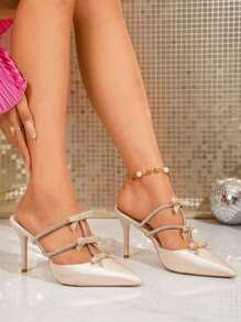 Sandálias de Salto Alto Champanhe Femininas, Stilettos de Bico Fino com Laço de Strass na Ponta Fechada, Sandálias Mule de Bico Fino Slip-On, Slides de Salto Alto na Cor Champanhe, Versáteis para Primavera/Verão