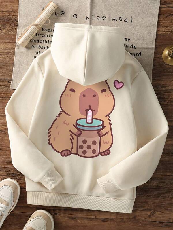 1 pezzo Felpa con cappuccio casual stampata per ragazze pre-adolescenti, foderata in pile, manica lunga, abbigliamento autunnale/invernale per studenti giovani