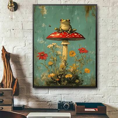1PC Frog Sitting On Mushroom Oil Painting Canvas Painting Wall Art Modern Posters Decoration, Retro Art Style Flower And Plant Printing Poster Pictures Room Decoration, Corridor, Study, Bedroom Wall Art Decoration, Autumn Decoration(No Frame)